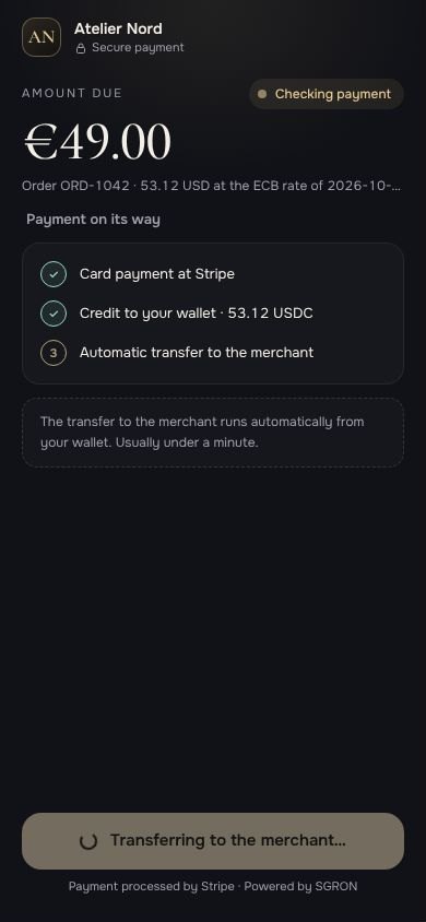 Payment on its way: card payment done, USDC credited, transfer to the merchant running